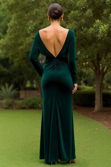 Velours vert foncé froncé manches longues robe de fête avec fente